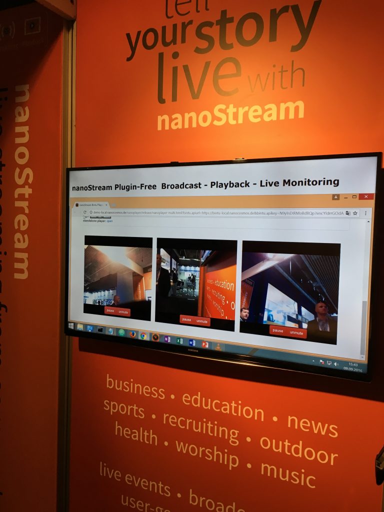 Video presentation at the IBC booth. Simultaneous showing of several live streams.