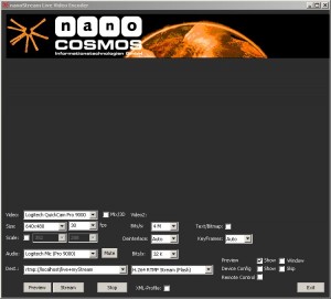 A screenshot of nanocosmos live video encoder application.