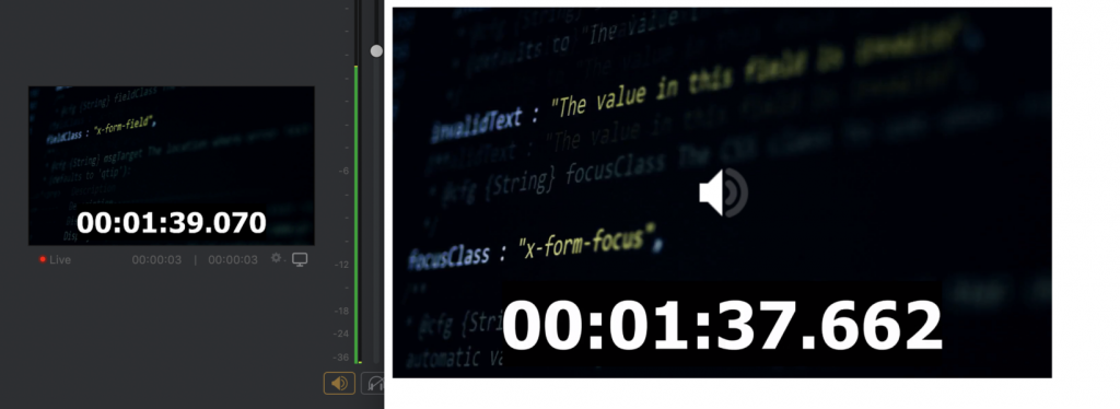  1.408 seconds of latency: Wirecast broadcast time (left), Browser playback (right) 