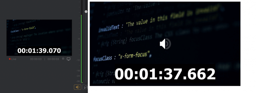1.408 seconds of latency: Wirecast broadcast time (left), Browser playback (right) 1.408 seconds of latency: Wirecast broadcast time (left), Browser playback (right)