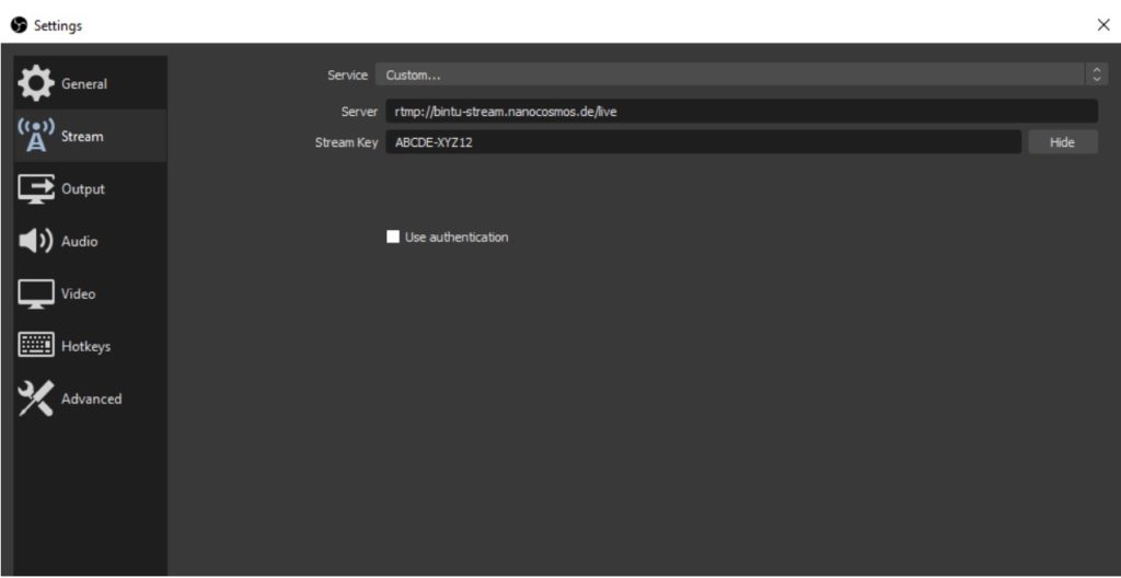 OBS Settings - Stream and Stream Key Field
