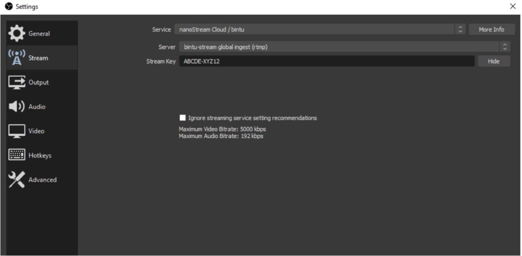 OBS Settings - Stream and Strem Key