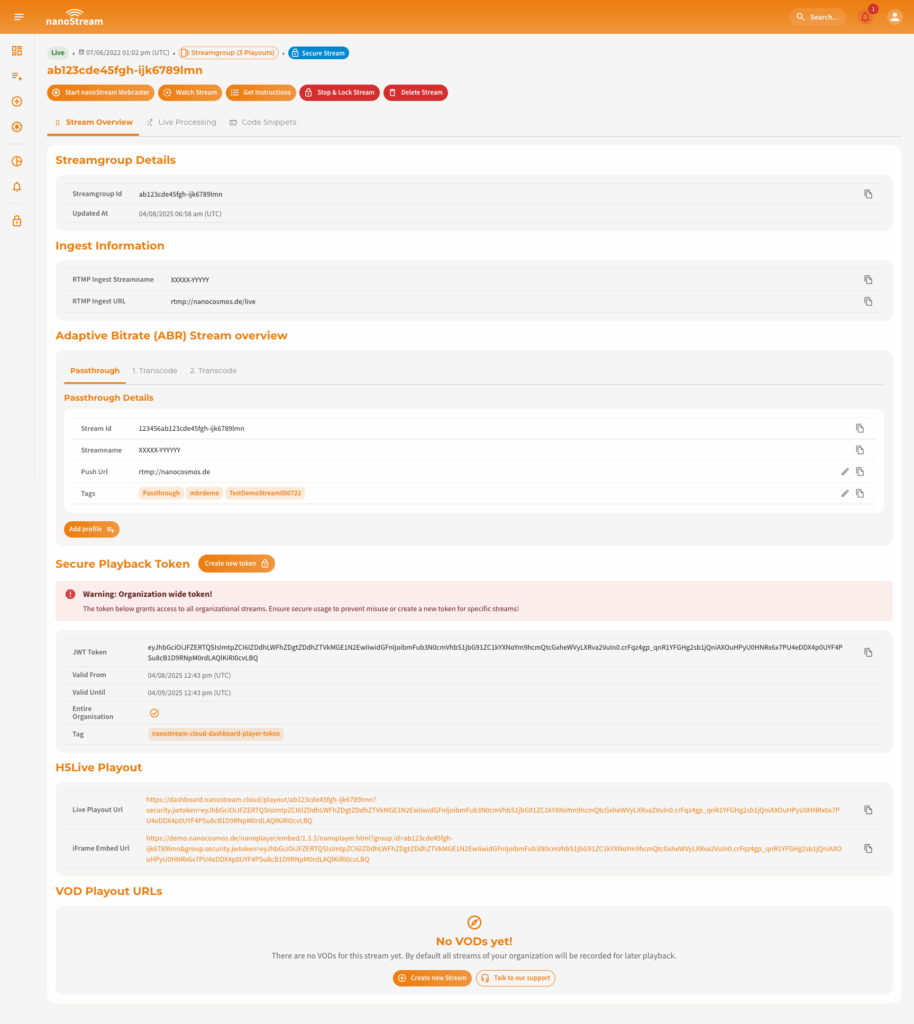 nanoStream Dashboard - Stream Overview